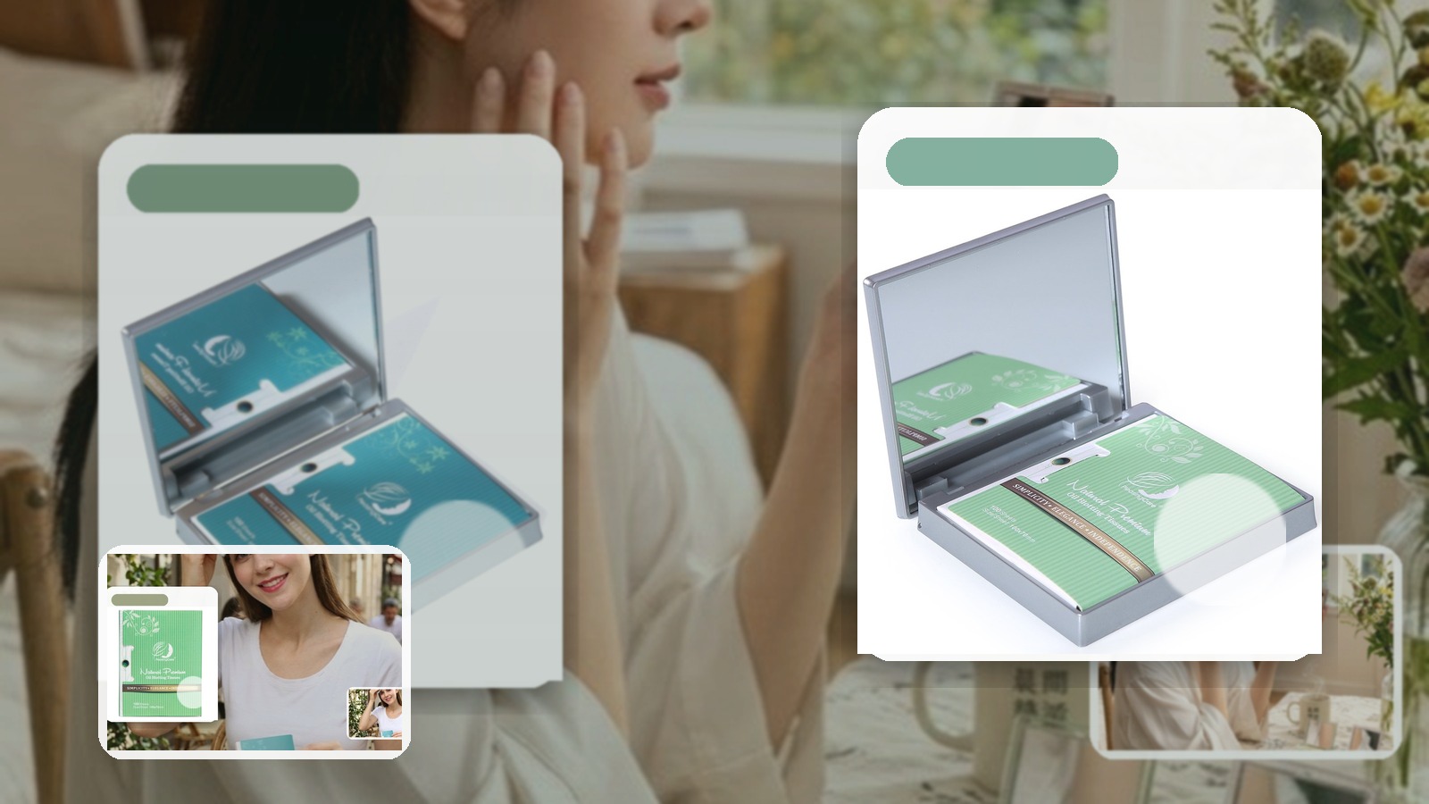 Woman comparing blotting paper and tissue for oily skin shine