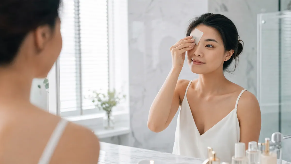 Morning bathroom mirror blotting routine