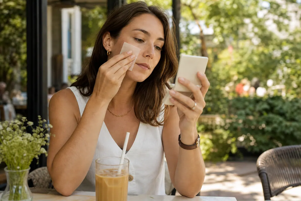 Woman comparing shine-control choices during an outdoor cafe touch-up