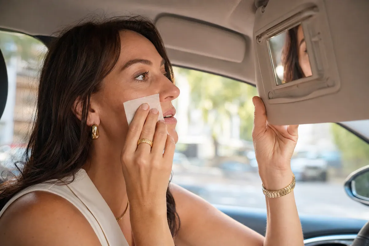 Car mirror blotting routine before going inside
