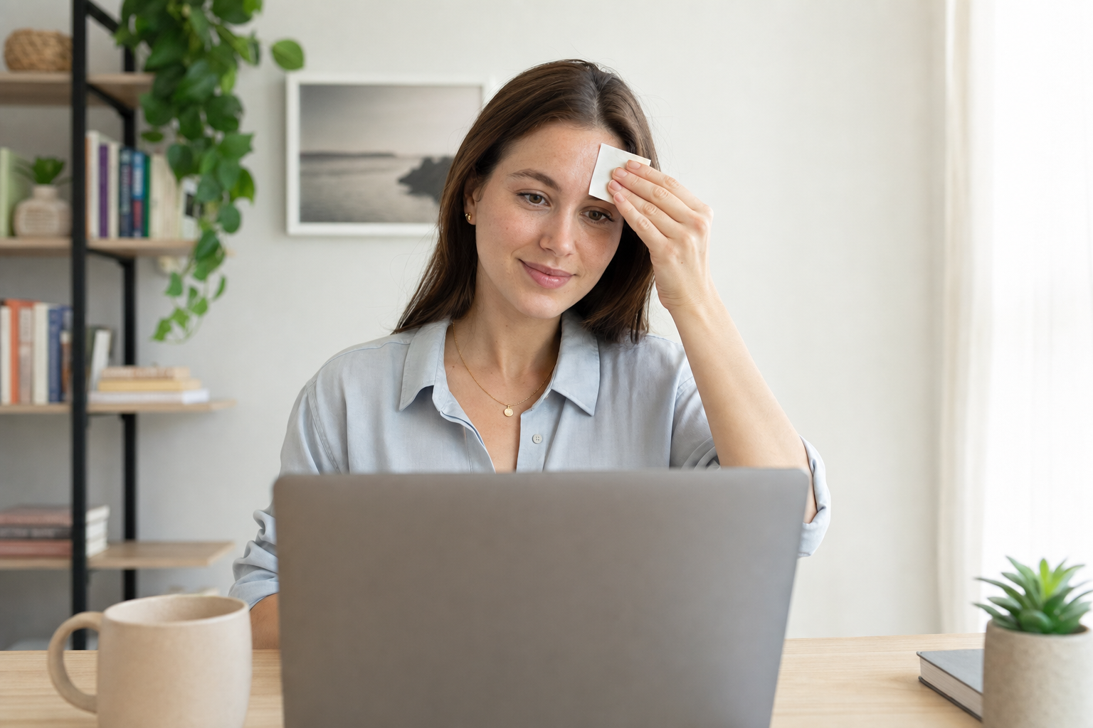 Woman using oil blotting paper before a video meeting