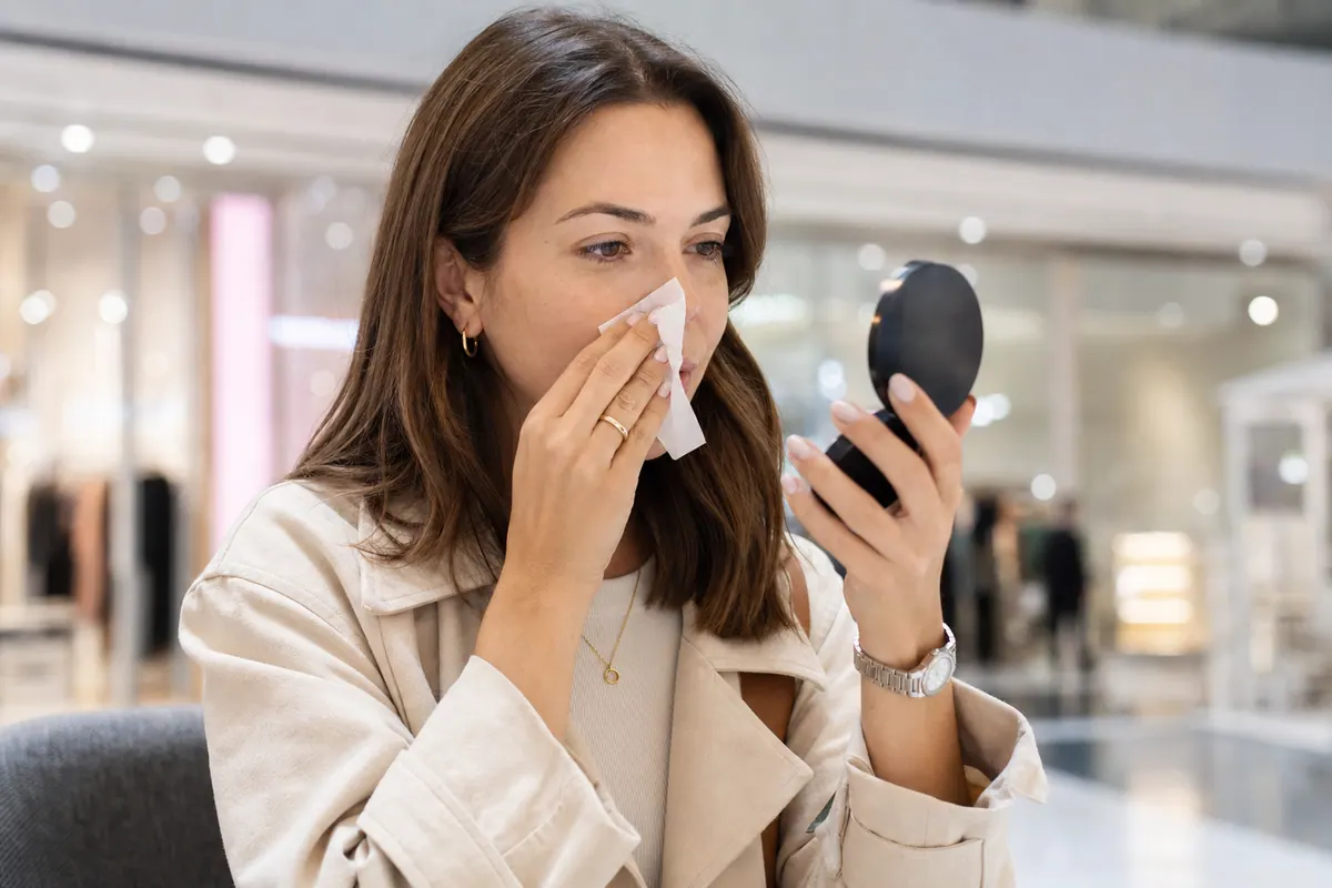 Woman using oil blotting paper with a compact mirror while out shopping