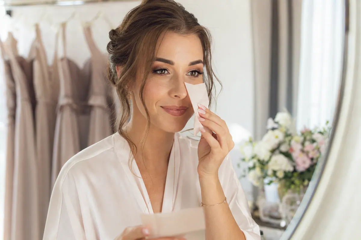 Woman using oil blotting paper while getting makeup ready for an event