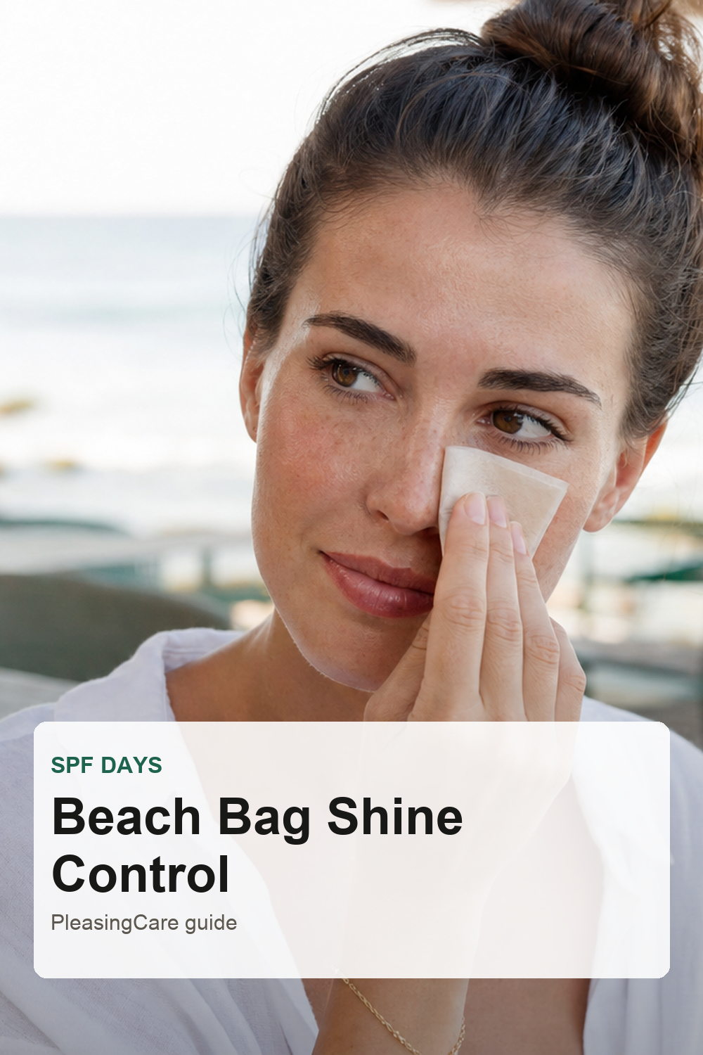 Woman using blotting paper for sunscreen shine during a beach day
