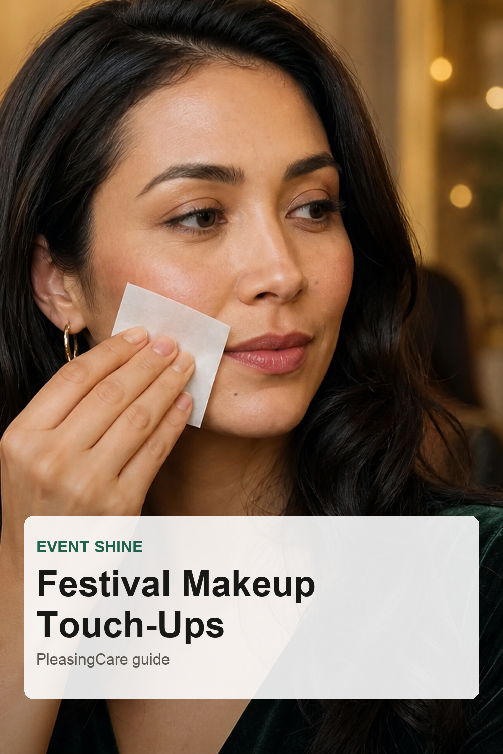 Woman using blotting paper during a festival makeup touch-up