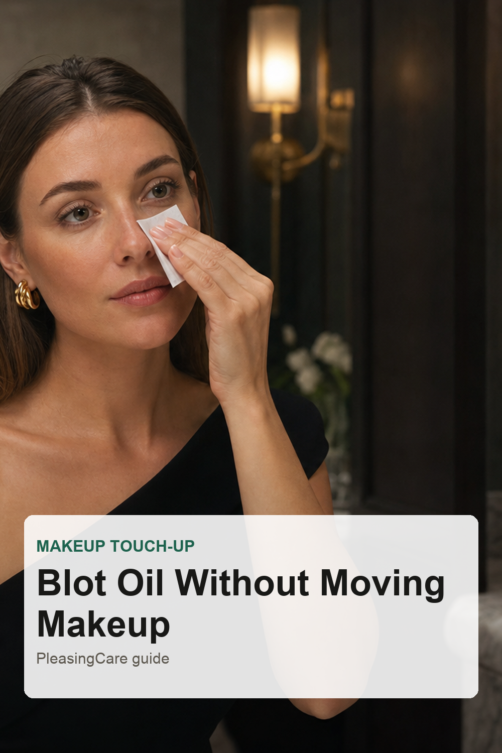 Woman using blotting paper for a makeup-safe shine touch-up
