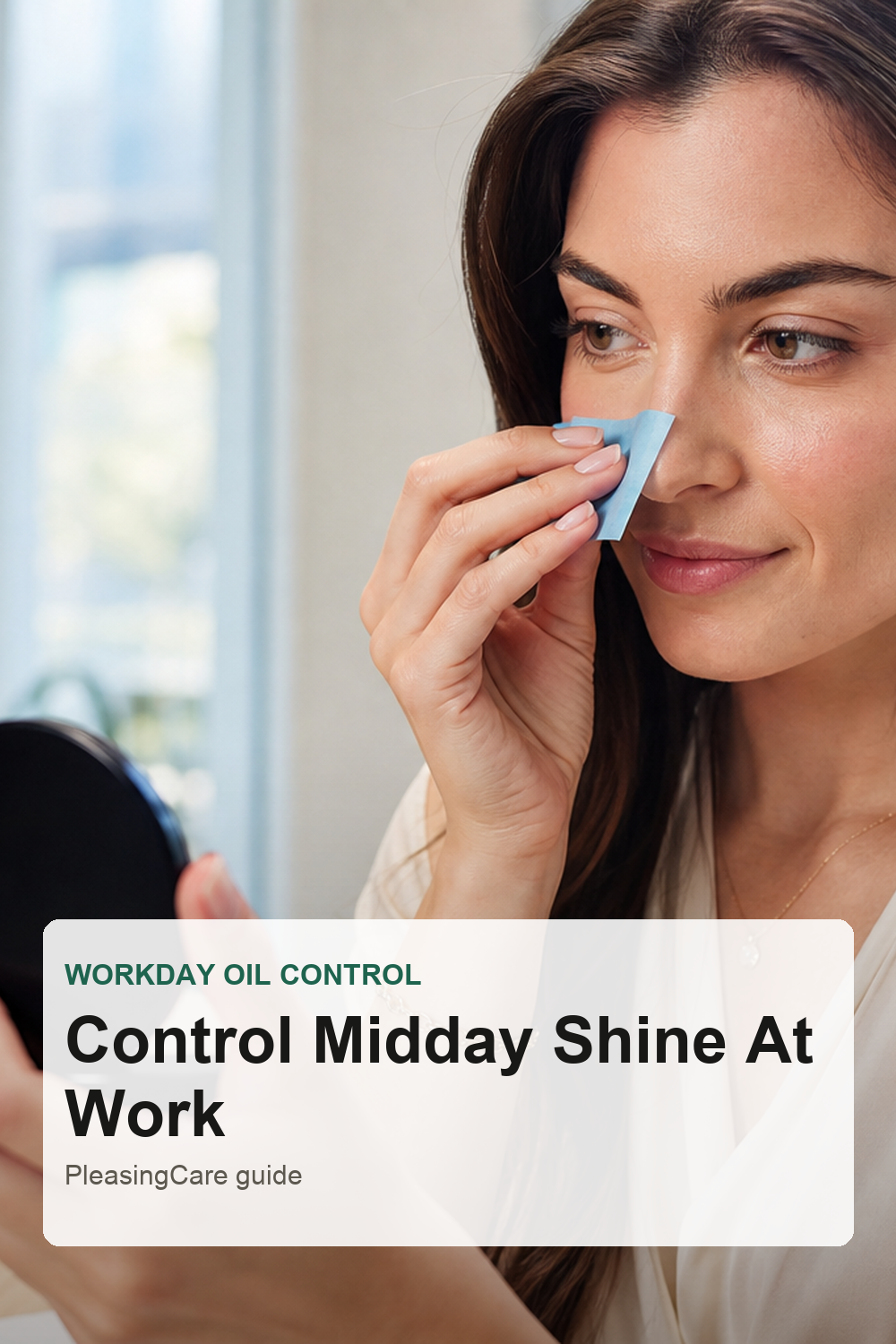 Woman using blotting paper during a workday shine touch-up