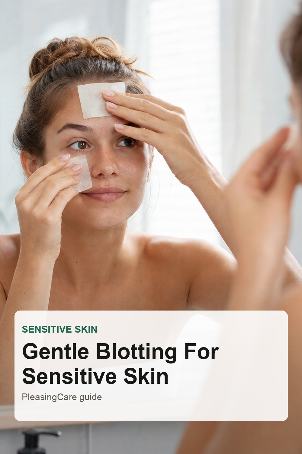 Woman using blotting paper gently on sensitive skin