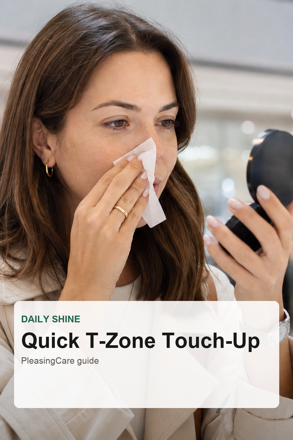 Woman using blotting paper for a quick T-zone touch-up during the day