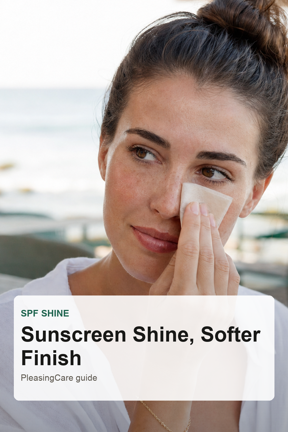 Woman controlling sunscreen shine with blotting paper