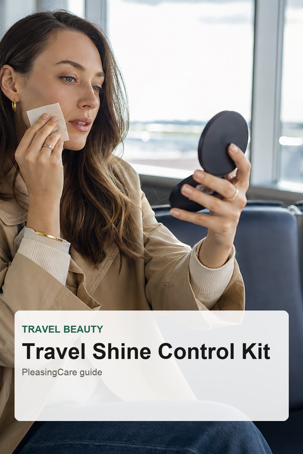 Woman using blotting paper during a travel day shine-control touch-up