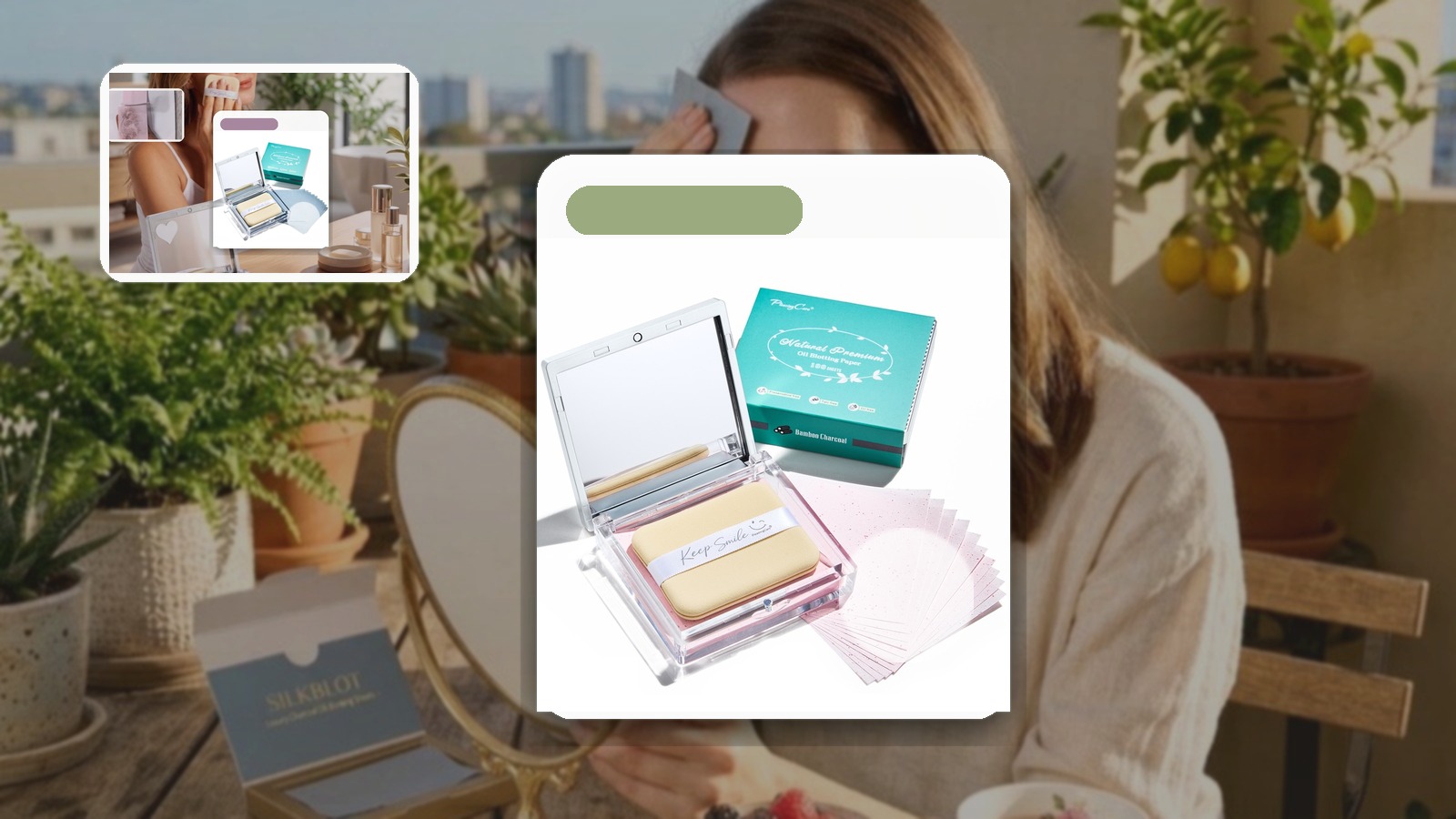 Makeup touch-up scene for deciding whether to blot before powder