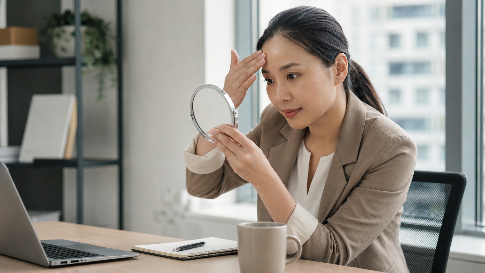 Office mirror check scene for glasses nose pad shine control