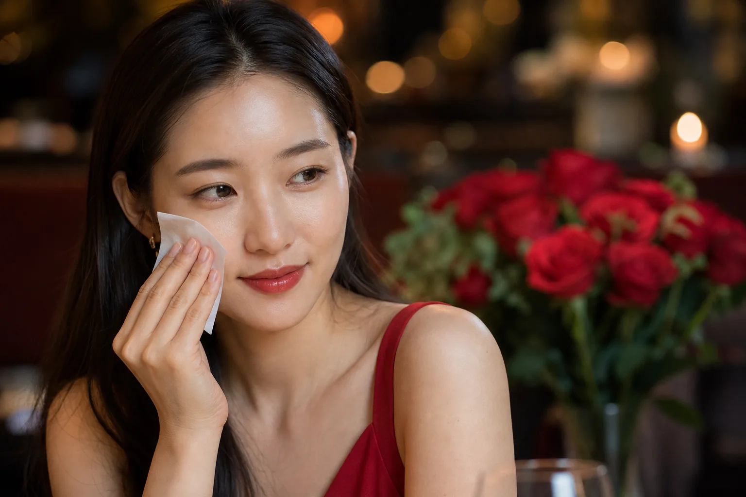 Date night makeup touch-up with blotting paper