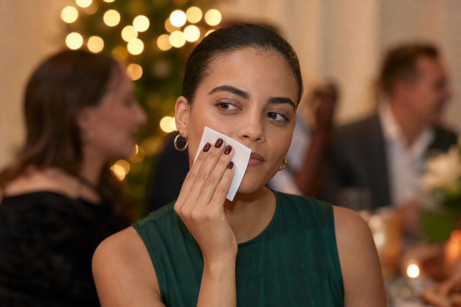 Woman using oil blotting paper during a soft rose-toned celebration