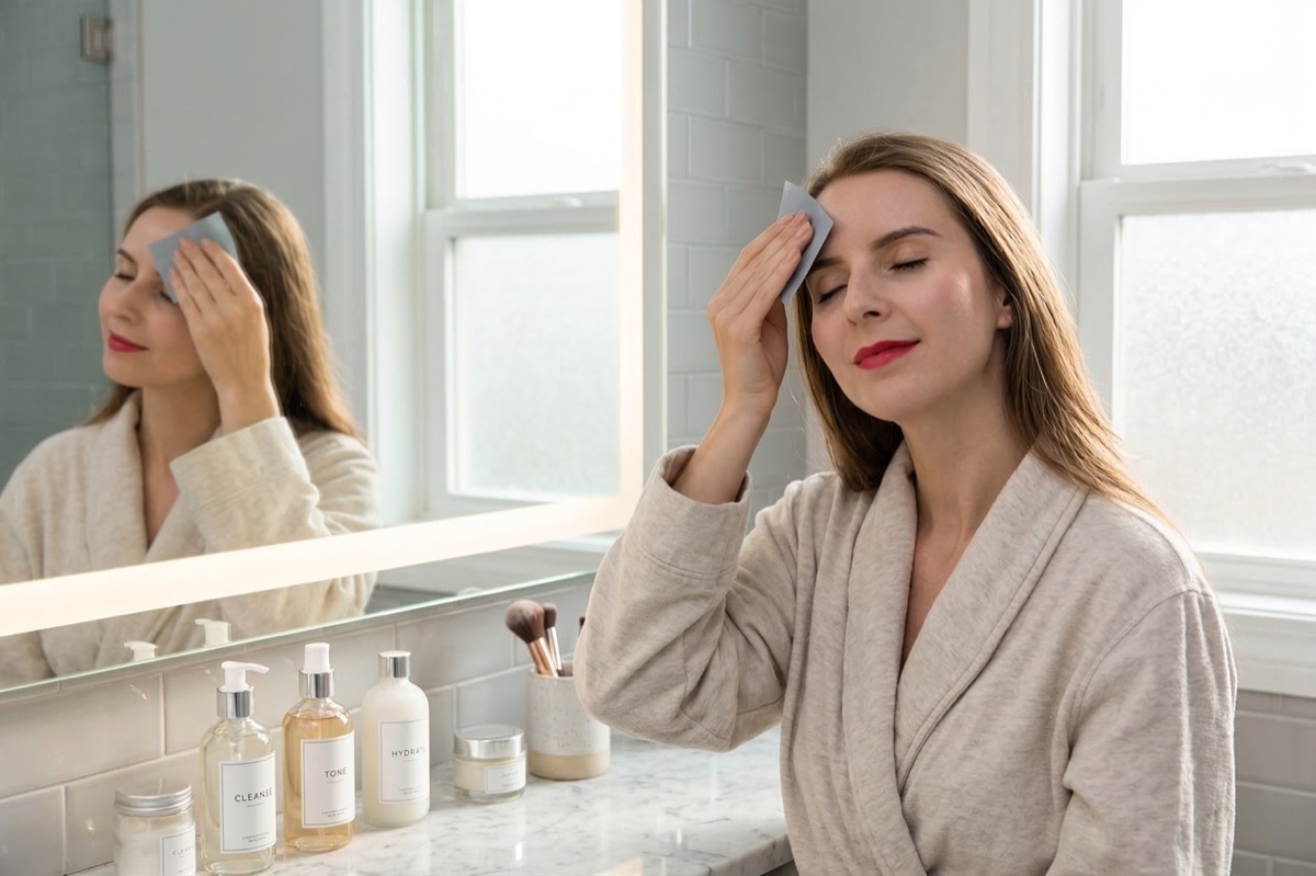 Woman using PleasingCare blotting paper in bathroom mirror for midday touch-up