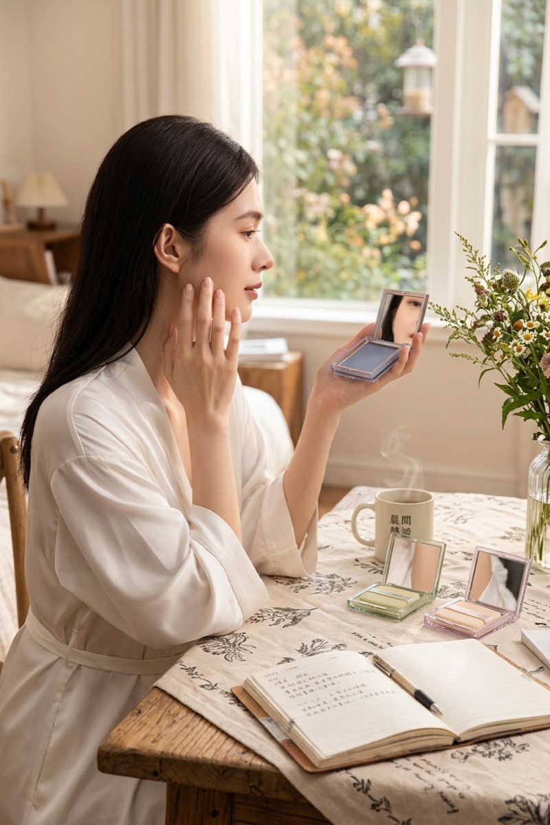 Morning skincare routine with PleasingCare mirror case blotting paper