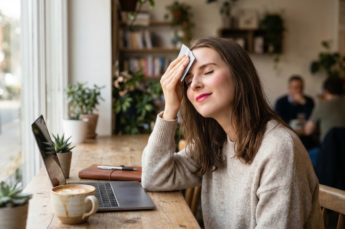Using oil blotting paper while working at a cozy cafe with laptop