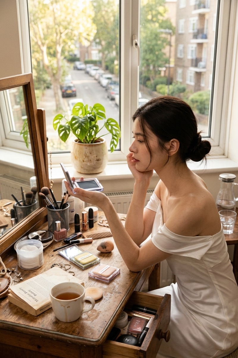 Checking makeup with PleasingCare blotting paper at window vanity