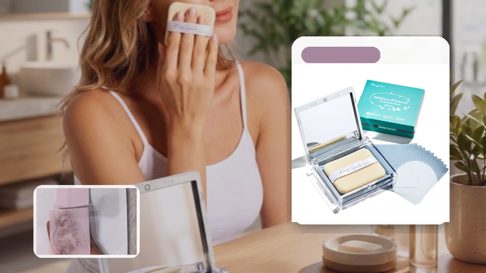 Best Blotting Paper for Studio Portrait Days using PleasingCare blotting paper in a vanity setting