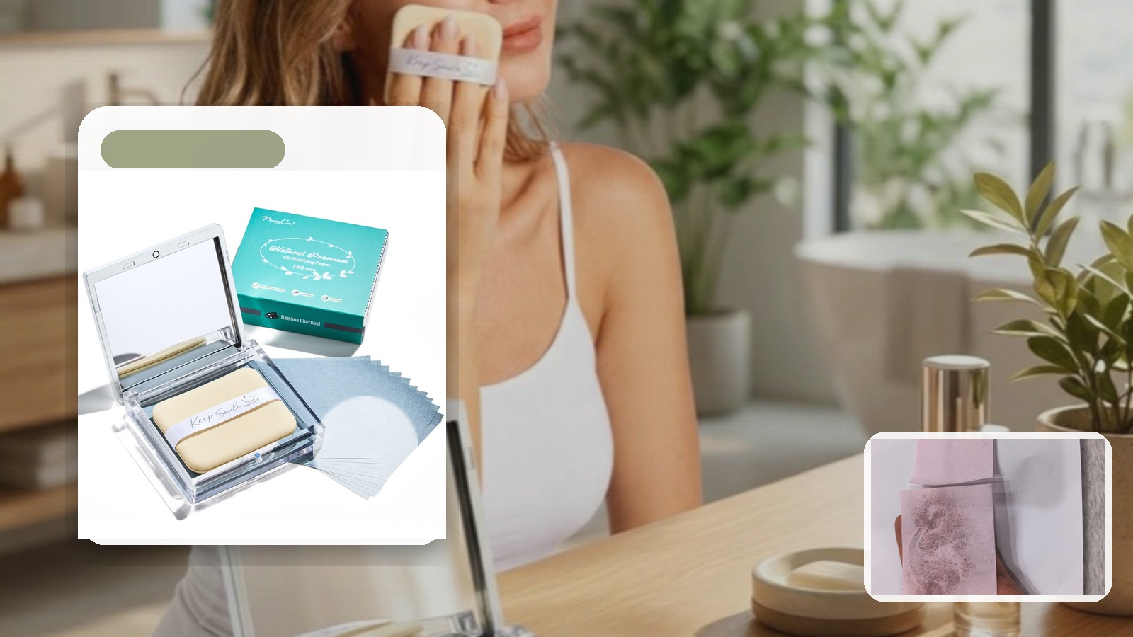 Blotting Paper vs Powder for Makeup Chair Touch-ups using PleasingCare blotting paper in a vanity setting