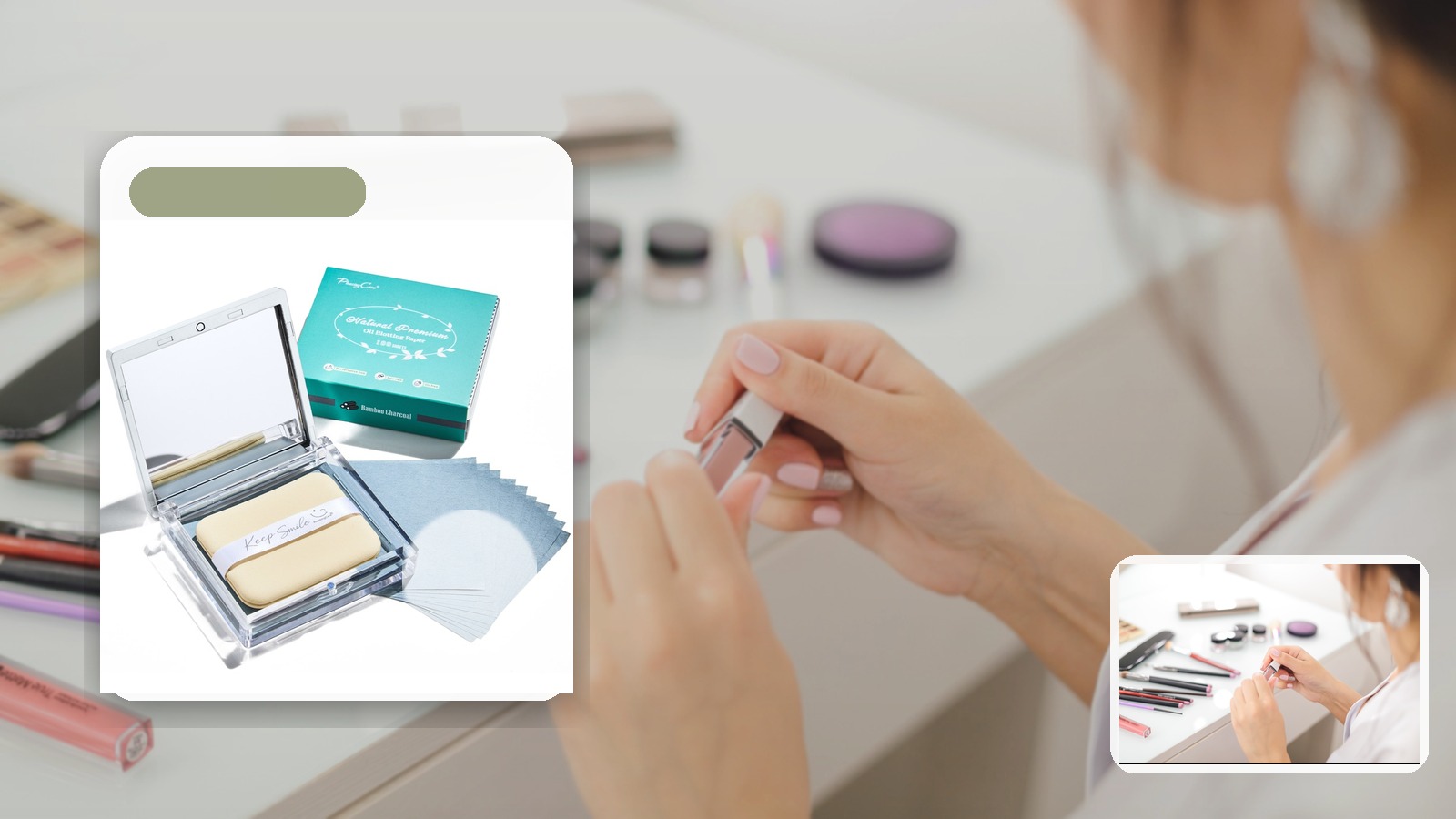 Blotting Paper vs Setting Spray for Desk To Dinner Days using PleasingCare blotting paper in a desk setting