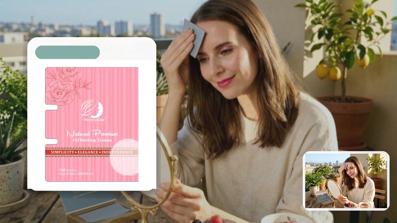 Blotting Paper vs Setting Spray for Farmer Market Mornings using PleasingCare blotting paper in an outdoor setting