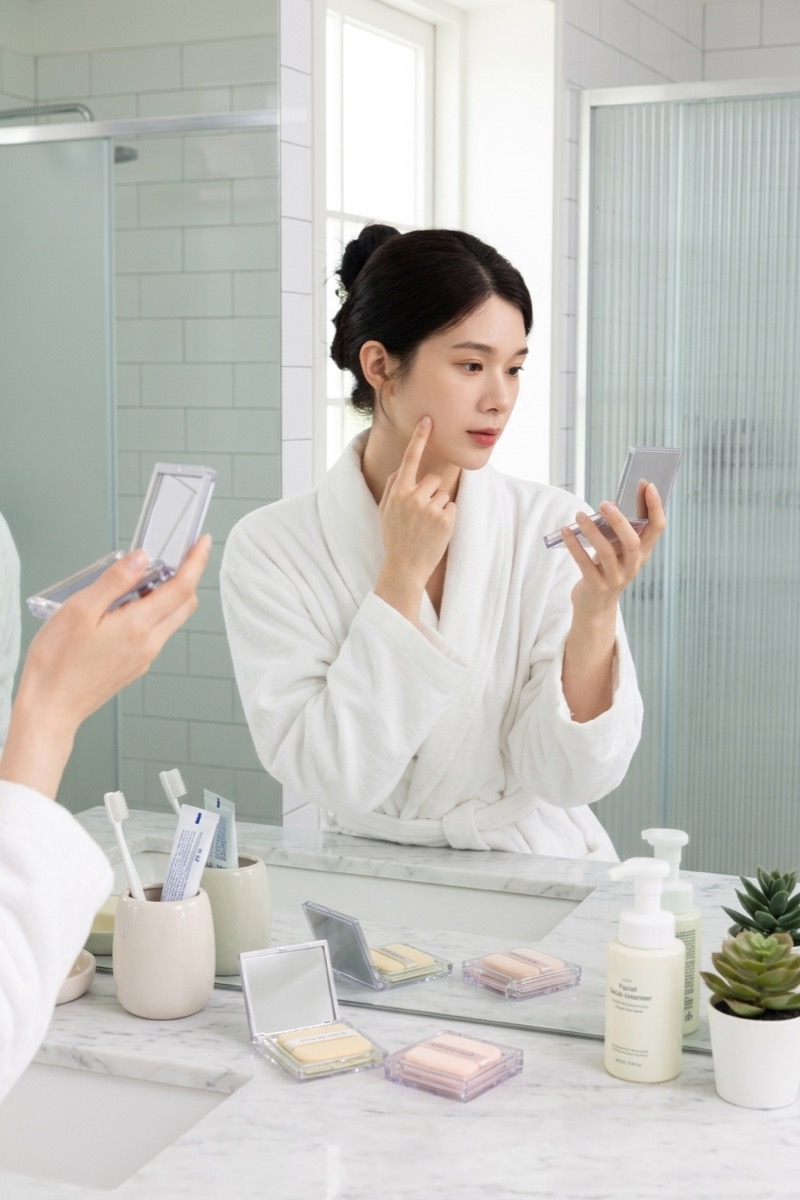 Woman examining skin with mirror case blotting paper in modern bathroom