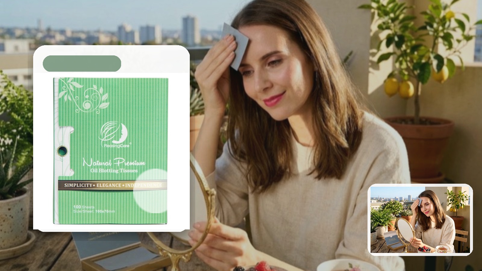 Green Tea for Rooftop Dinners using PleasingCare blotting paper in an outdoor setting