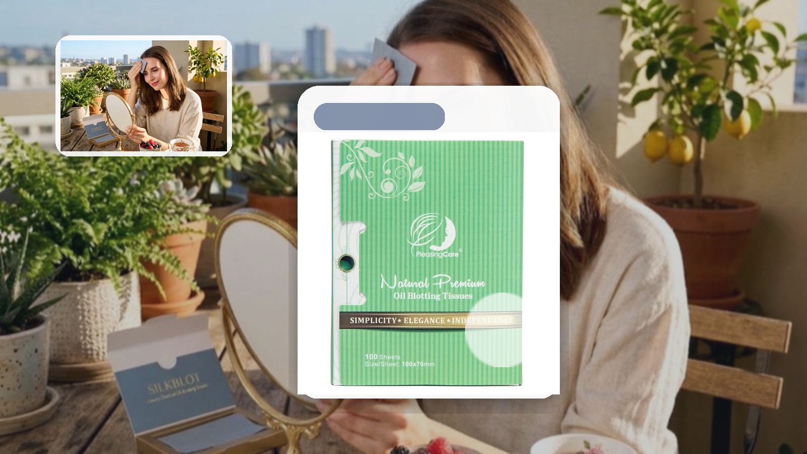 Green Tea for Street Fair Afternoons using PleasingCare blotting paper in an outdoor setting
