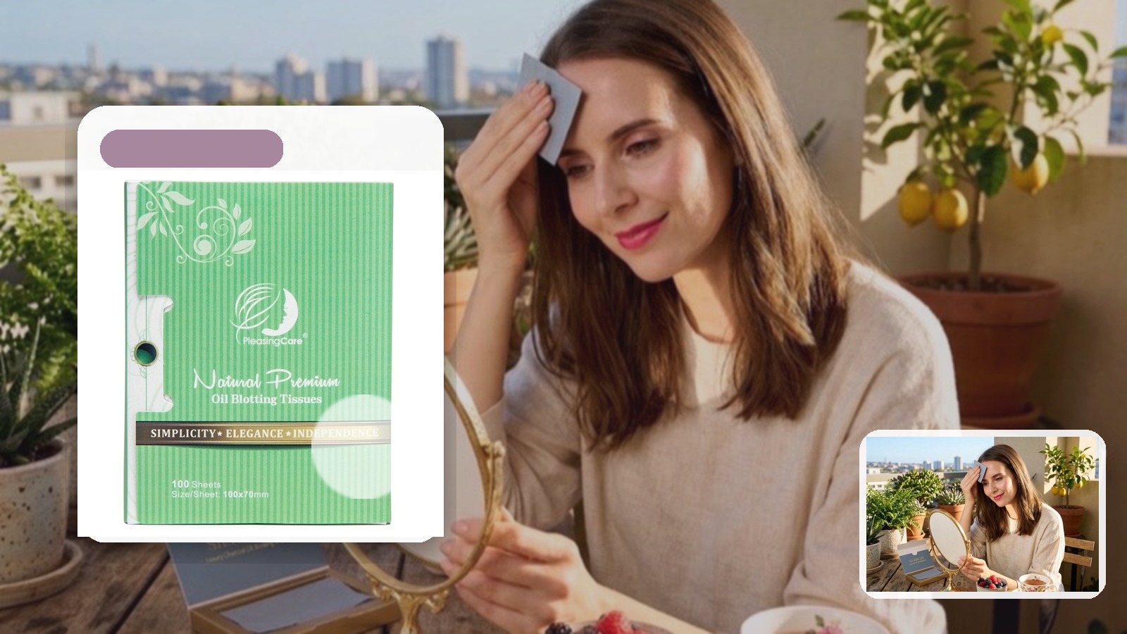 Green Tea for Summer Date Nights using PleasingCare blotting paper in an outdoor setting