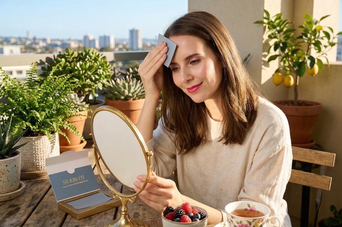 Using charcoal blotting paper on sunny balcony with product box