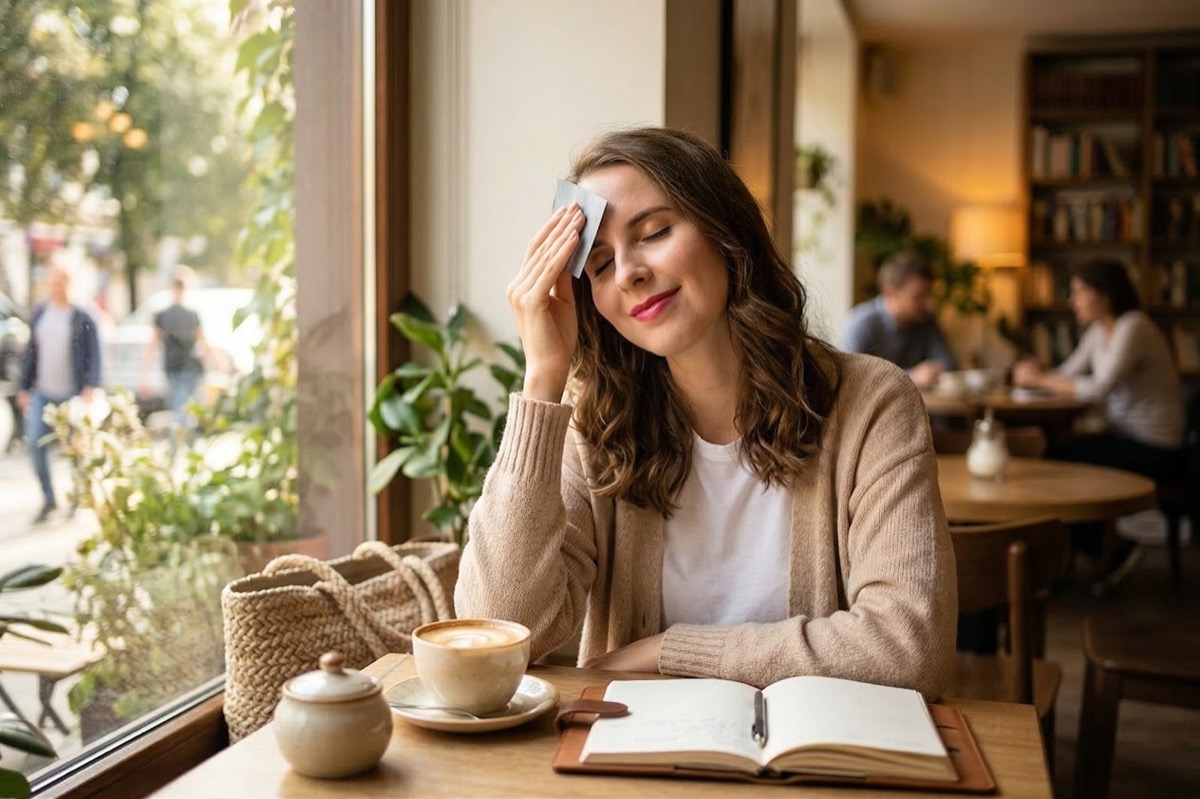 Woman using blotting paper at a cafe