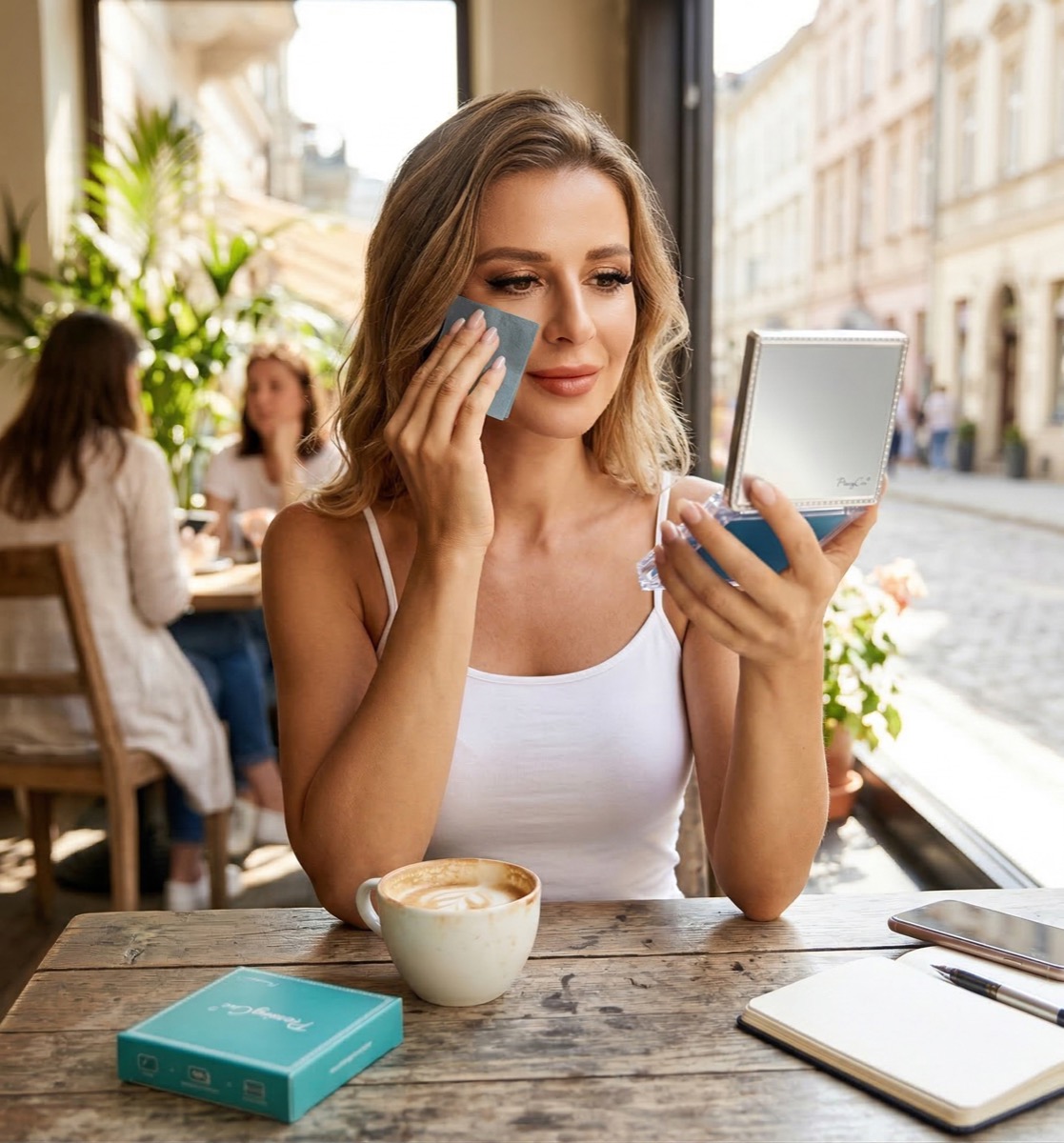 Touching up makeup with mirror case blotting paper at outdoor cafe
