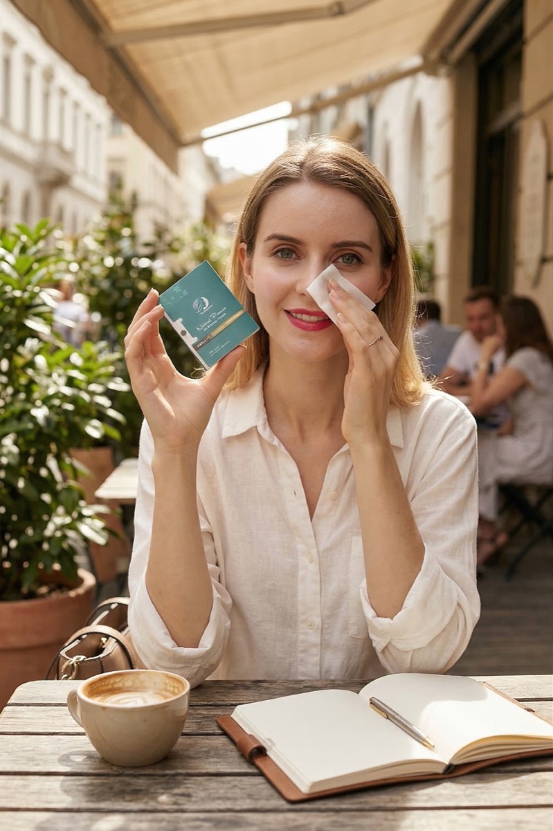 Woman holding PleasingCare blotting paper package at European style cafe