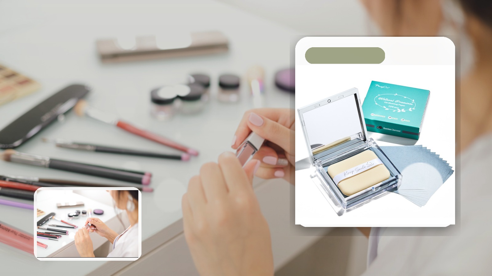 Puff Case for Desk To Dinner Days using PleasingCare blotting paper in a desk setting
