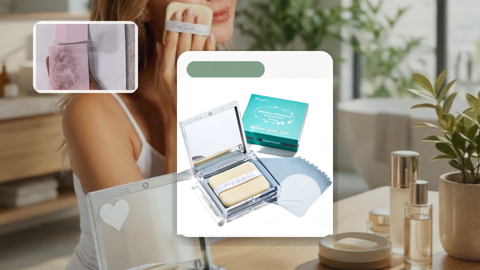 Puff Case for Makeup Chair Touch-ups using PleasingCare blotting paper in a vanity setting