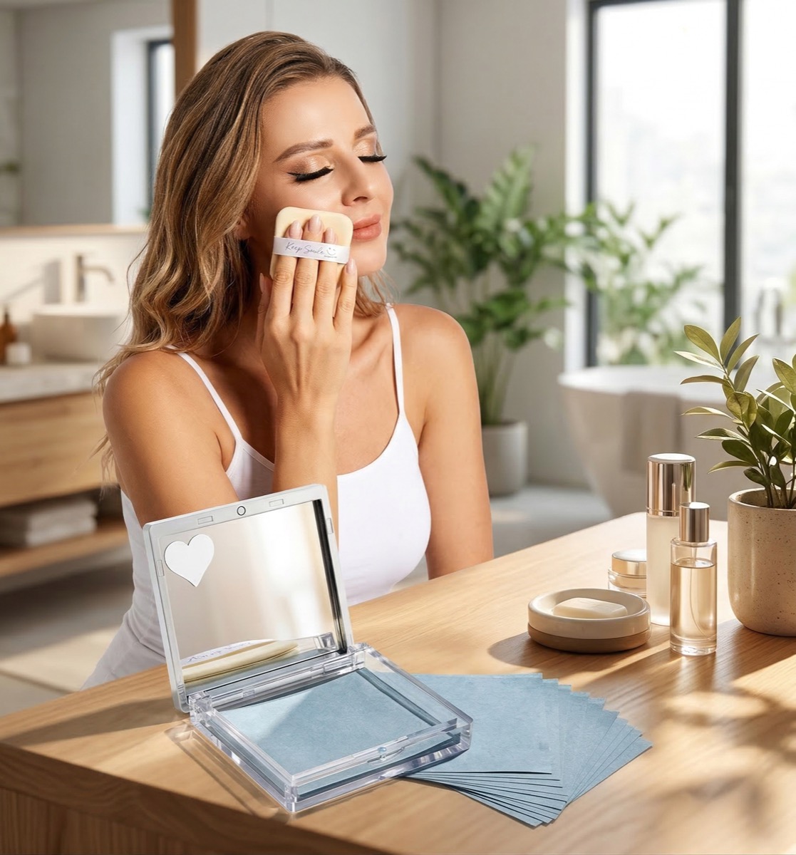 Using powder puff blotting paper for gentle oil absorption at home