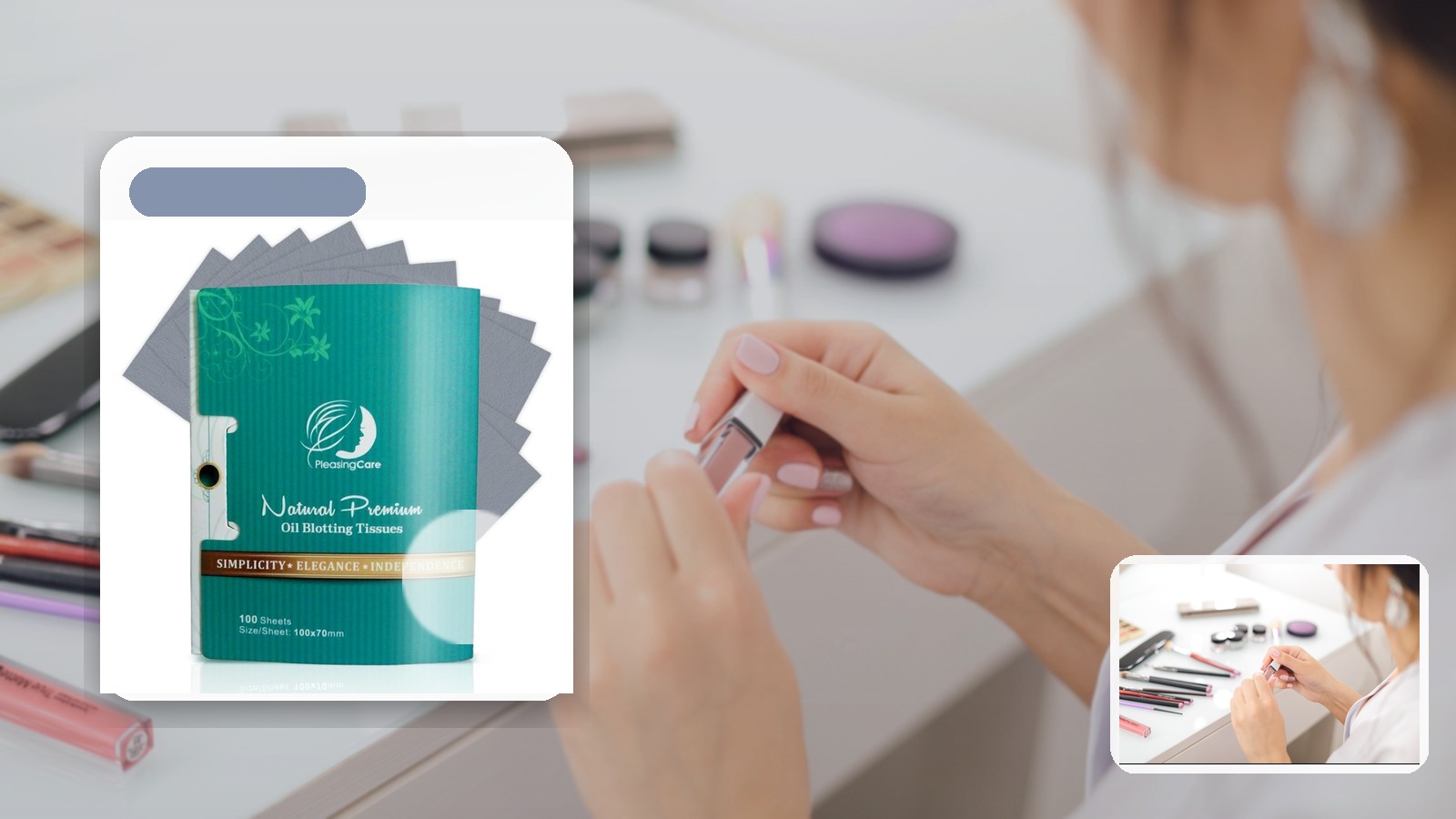 What to Pack for Coworking Days if You Have Oily Skin using PleasingCare blotting paper in a desk setting