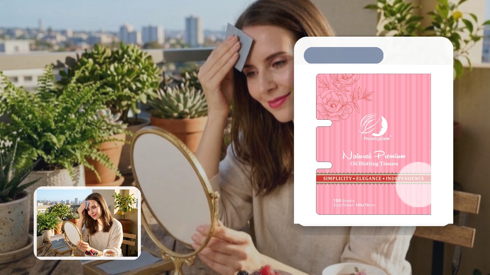 What to Pack for Farmer Market Mornings if You Have Oily Skin using PleasingCare blotting paper in an outdoor setting