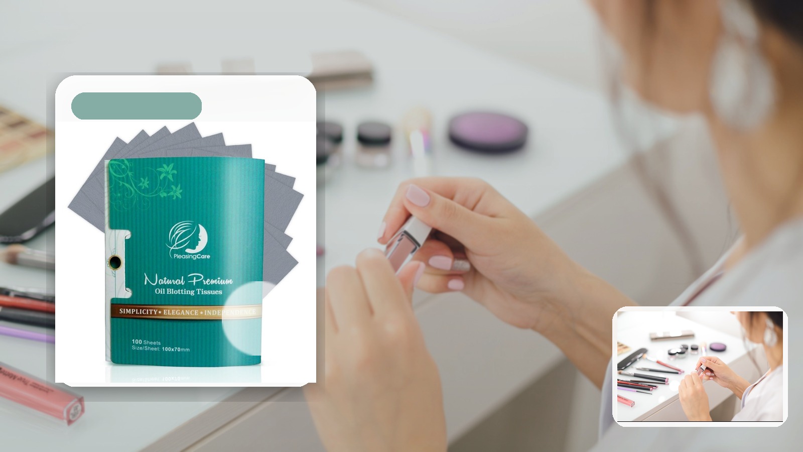 What to Pack for Hot Desk Days if You Have Oily Skin using PleasingCare blotting paper in a desk setting