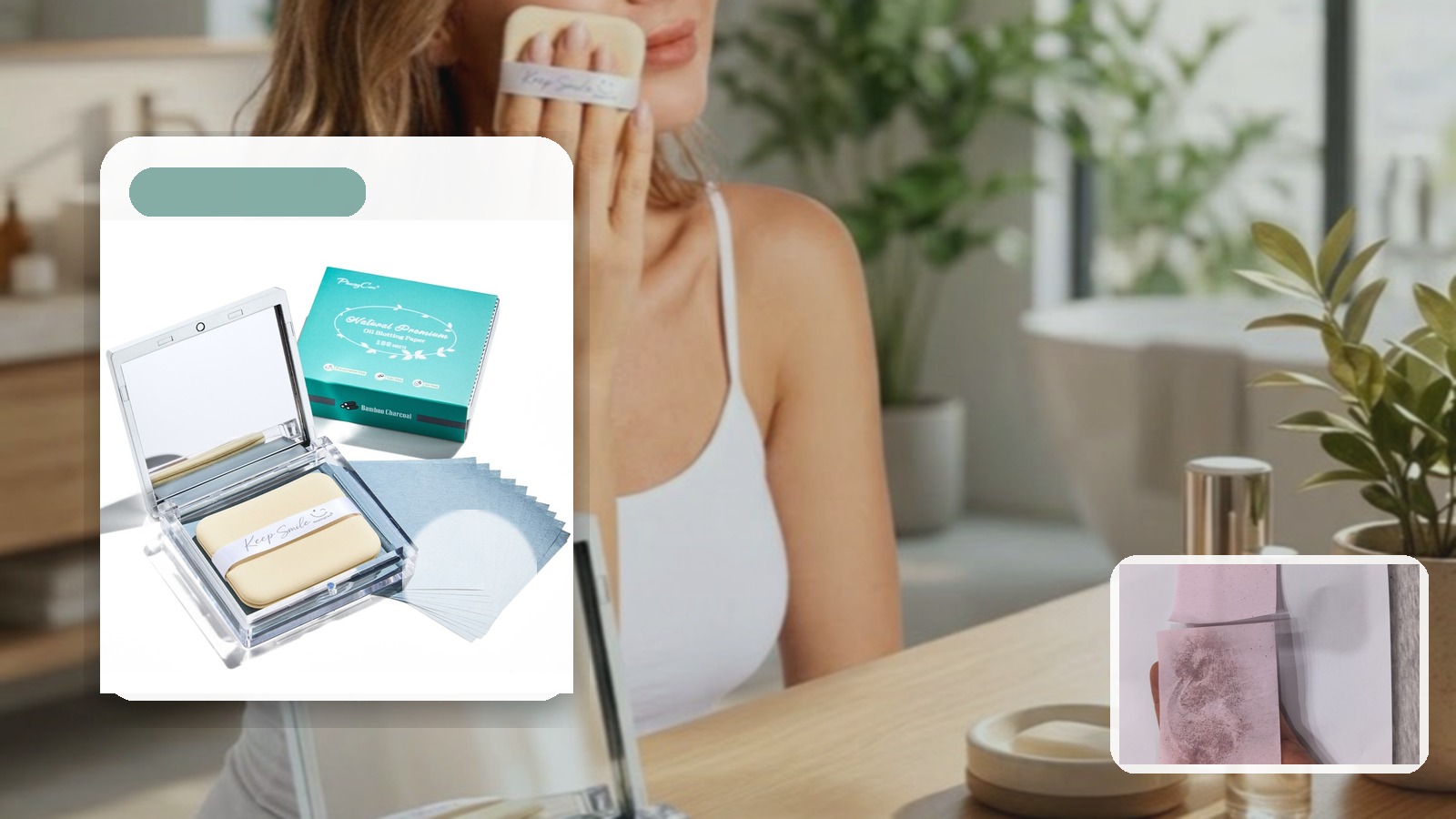 What to Pack for Makeup Chair Touch-ups if You Have Oily Skin using PleasingCare blotting paper in a vanity setting