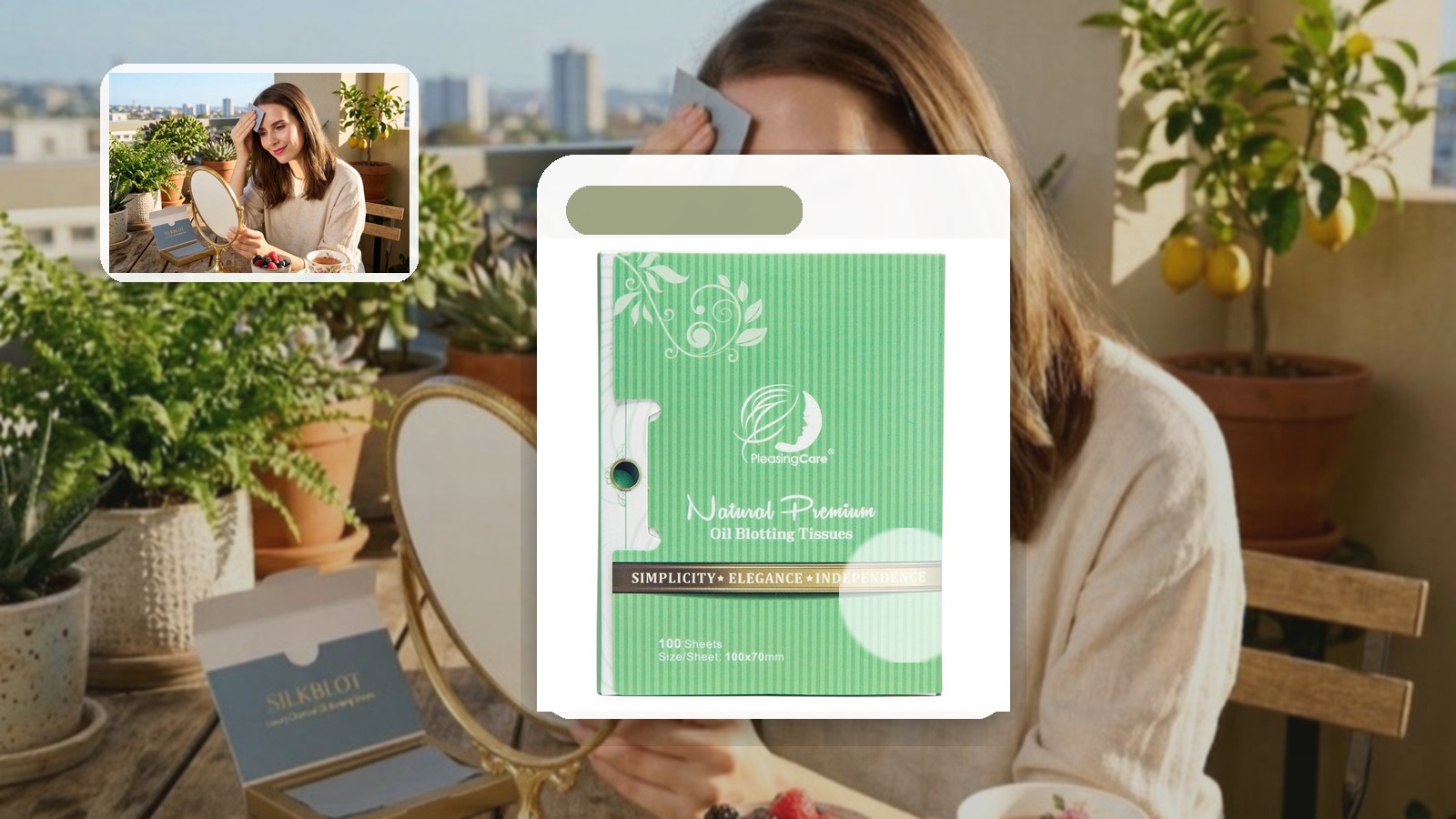 What to Pack for Rooftop Dinners if You Have Oily Skin using PleasingCare blotting paper in an outdoor setting