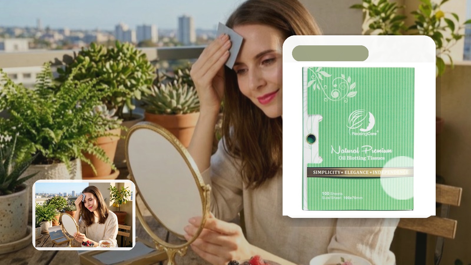 What to Pack for Street Fair Afternoons if You Have Oily Skin using PleasingCare blotting paper in an outdoor setting