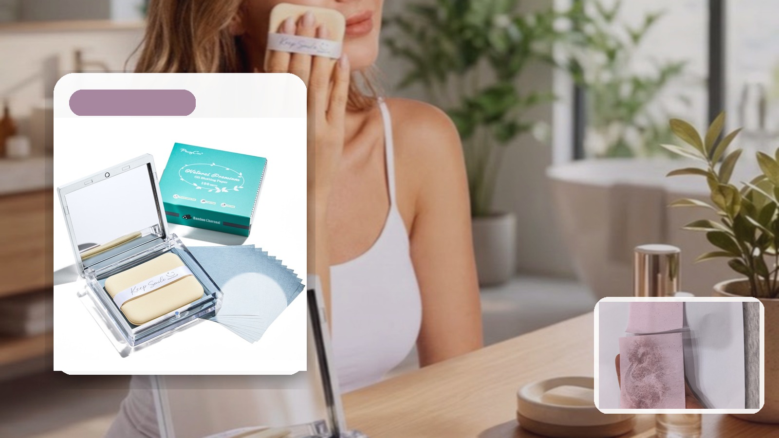 What to Pack for Studio Portrait Days if You Have Oily Skin using PleasingCare blotting paper in a vanity setting